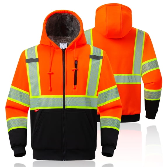 ProtectX High Vis Safety Hoddie Sweatshirt Jacket with Reflective Strips & Fleece Lined for Cold Weather Orange Small