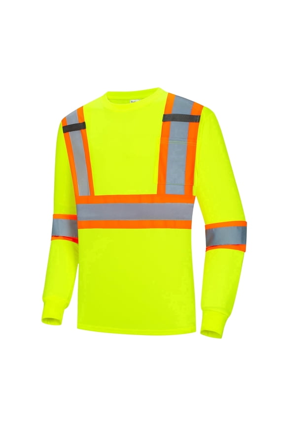 High Vis Shirts, Class 2 Long Sleeve Work Shirts for Men & Women, Quick Dry Breathable Construction Safety Shirts with Reflective Strips and Pocket, Green L