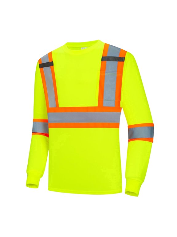 High Vis Shirts, Class 2 Long Sleeve Work Shirts for Men & Women, Quick Dry Breathable Construction Safety Shirts with Reflective Strips and Pocket, Green S