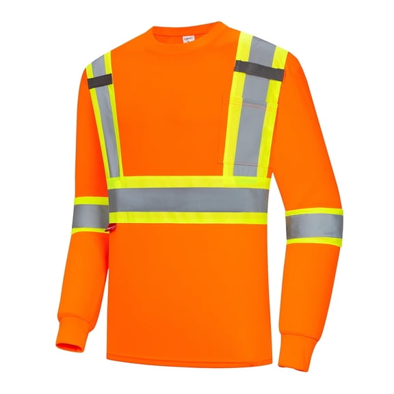 ProtectX High Vis Shirts, Class 2 Long Sleeve Work Shirts for Men & Women, Quick Dry Breathable Construction Safety Shirts with Reflective Strips and Pocket, Orange M
