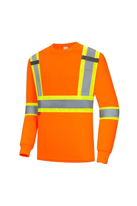 High Vis Shirts, Class 2 Long Sleeve Work Shirts for Men & Women, Quick Dry Breathable Construction Safety Shirts with Reflective Strips and Pocket, Orange S