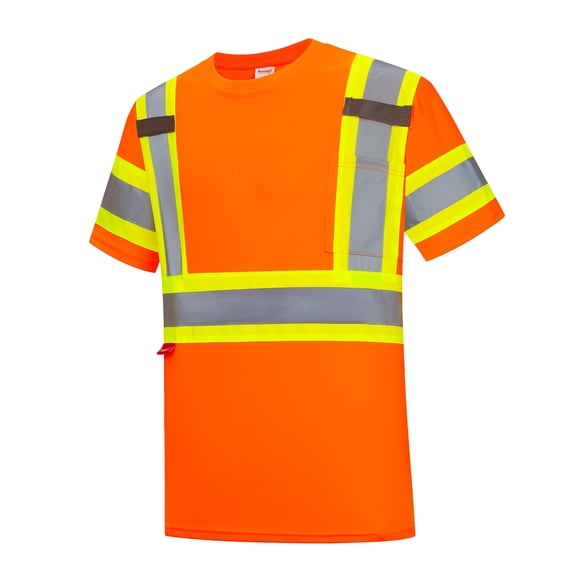 ProtectX High Vis Shirts, Class 2 Safety Shirts with Reflective Strips and Pocket, Quick Dry Breathable High Visibility Construction Shirts, Short Sleeve Reflective Shirt for Men & Women, Orange XL
