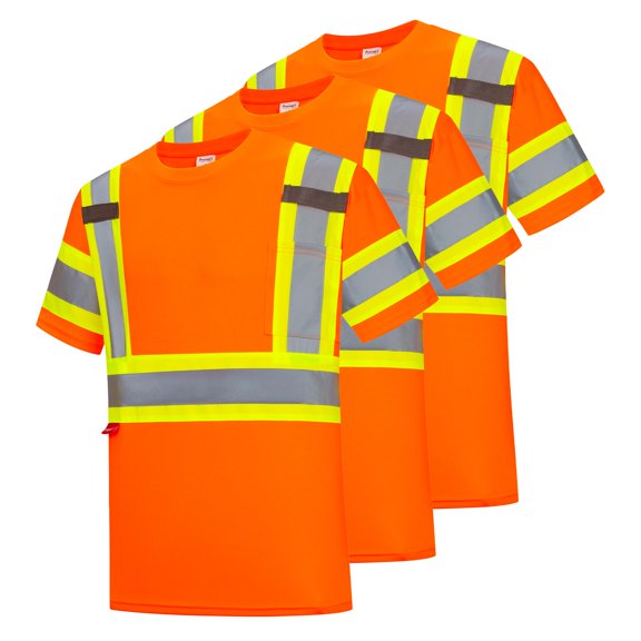 ProtectX High Vis Shirts, Class 2 Safety Shirts with Reflective Strips, Quick Dry Breathable High Visibility Construction Shirts, Short Sleeve Reflective Shirt for Men & Women, Orange M 3PCS