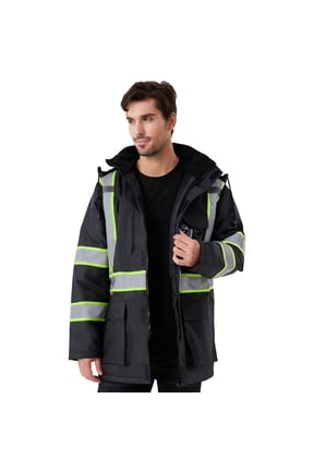 High Visibility Winter Safety Jacket for Men, Reflective Insulated Work Long Coat, 300D Oxford for Waterproof, Black, Large