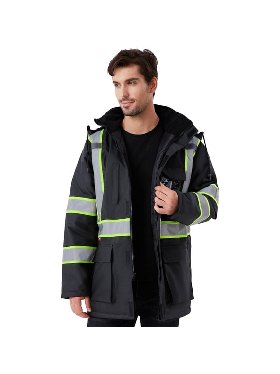 High Visibility Winter Safety Jacket for Men, Reflective Insulated Work Long Coat, 300D Oxford for Waterproof, Black, X-Large