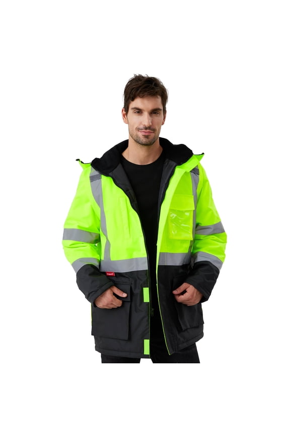 High Visibility Winter Safety Jacket for Men, Reflective Insulated Work Long Coat, 300D Oxford for Waterproof, Green, Medium