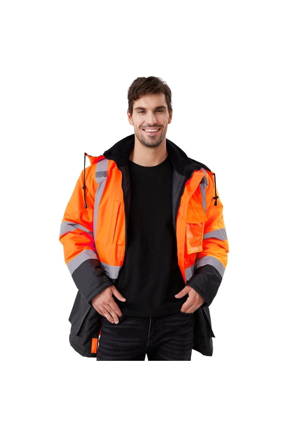 High Visibility Winter Safety Jacket for Men, Reflective Insulated Work Long Coat, 300D Oxford for Waterproof, Orange, 3X-Large