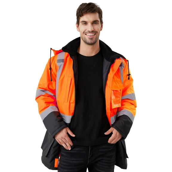 ProtectX High Visibility Winter Safety Jacket for Men, Reflective Insulated Work Long Coat, 300D Oxford for Waterproof, Orange, Large