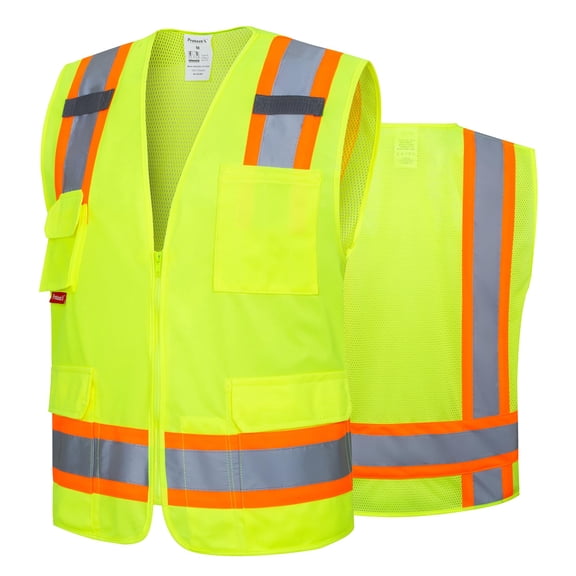 ProtectX High Visibility Reflective Safety Vest for Men Women Hi Vis Work Construction Vest with Pockets Class 2 Neon Green Large