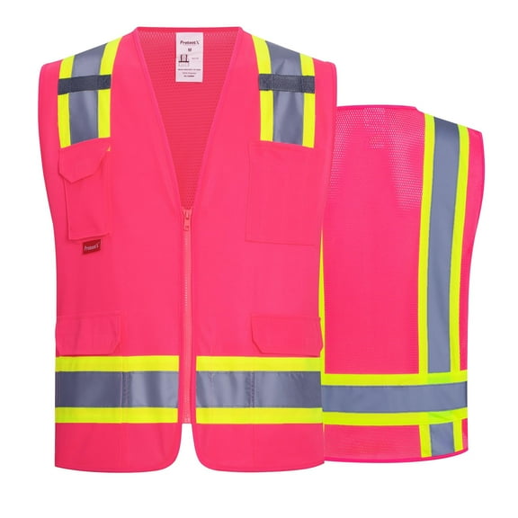 ProtectX High Visibility Reflective Safety Vest for Men Women Hi Vis Work Construction Vest with Pockets Class 2 Pink Small