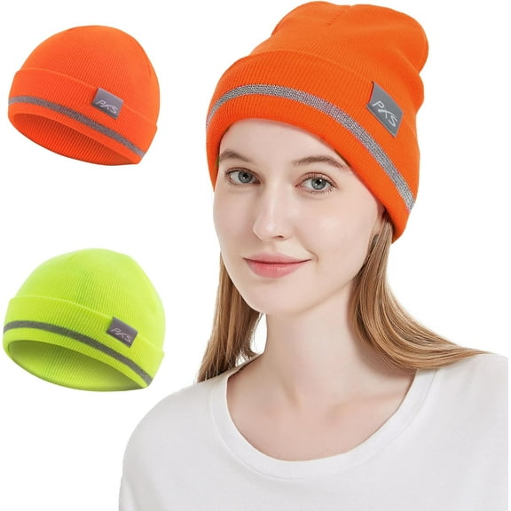 ProtectX High Visibility Safety Beanie for Men and Women, 360-Degree Reflective Comfortable Knit Beanie Headcover Hat, Warming Cap for Running, Sports, Skating, Work, Constructions, 2 Pack