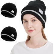 ProtectX High Visibility Safety Beanie for Men and Women, 360-Degree Reflective Comfortable Knit Beanie Headcover Hat, Warming Cap for Running, Sports, Skating, Work, Constructions, Black - 2 Pack