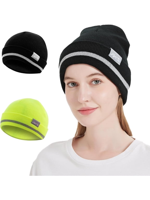 High Visibility Safety Beanie for Men and Women, 360-Degree Reflective Comfortable Knit Beanie Headcover Hat, Warming Cap for Running, Sports, Skating, Work, Constructions, 2 Pack
