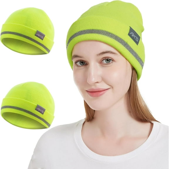 ProtectX High Visibility Safety Beanie for Men and Women, 360-Degree Reflective Comfortable Knit Beanie Headcover Hat, Warming Cap for Running, Sports, Skating, Work, Constructions, Green - 2 Pack