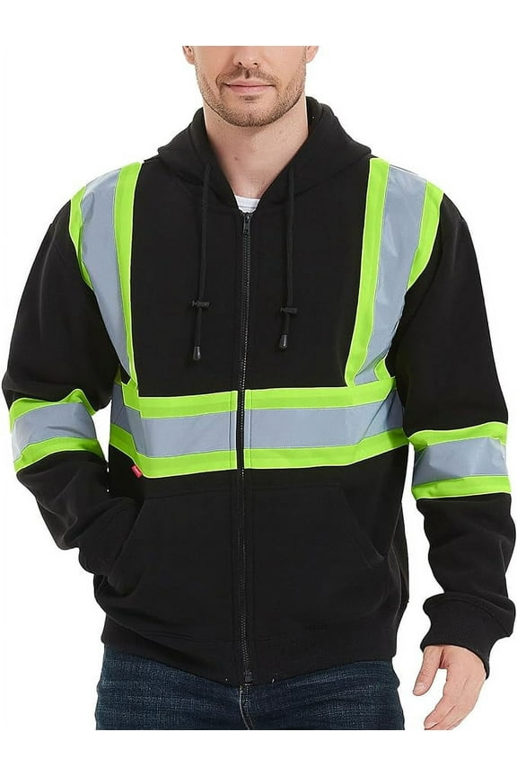 High Visibility Safety Sweatshirt for Women Men, Class 3 Hi Vis Hoodie with large Pocket, Hooded Full-Zip Reflective Sweatshirt for Work & Construction, Black, 3X Large