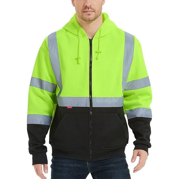ProtectX High Visibility Safety Sweatshirt for Women Men, Class 3 Hi Vis Hoodie with large Pocket, Hooded Full-Zip Reflective Sweatshirt for Work & Construction, Green, X Large
