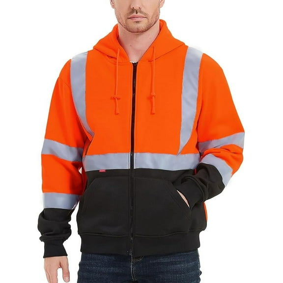 ProtectX High Visibility Safety Sweatshirt for Women Men, Class 3 Hi Vis Hoodie with large Pocket, Hooded Full-Zip Reflective Sweatshirt for Work & Construction, Orange, 4X Large