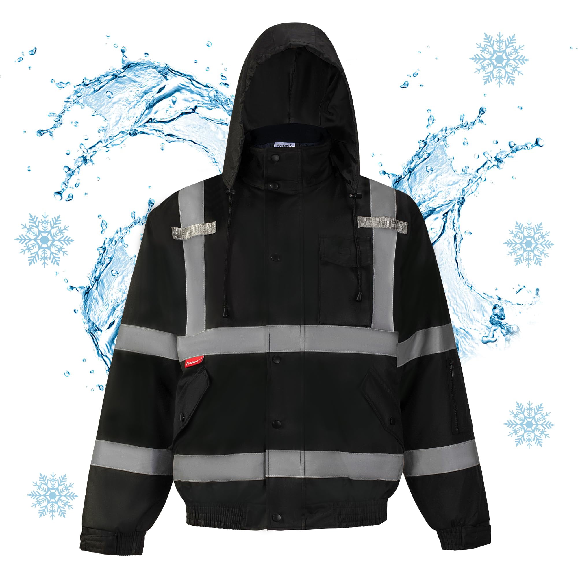 ProtectX High Visibility Waterproof Bomber Jacket, Reflective, Black ...