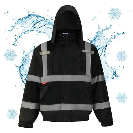 ProtectX High Visibility Safety Waterproof Bomber Jacket for Women Men, Hi Vis Reflective Winter Construction Jacket, Black, Large