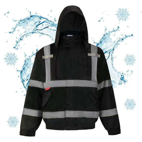ProtectX High Visibility Safety Waterproof Bomber Jacket for Women Men, Hi Vis Reflective Winter Construction Jacket, Black, Large