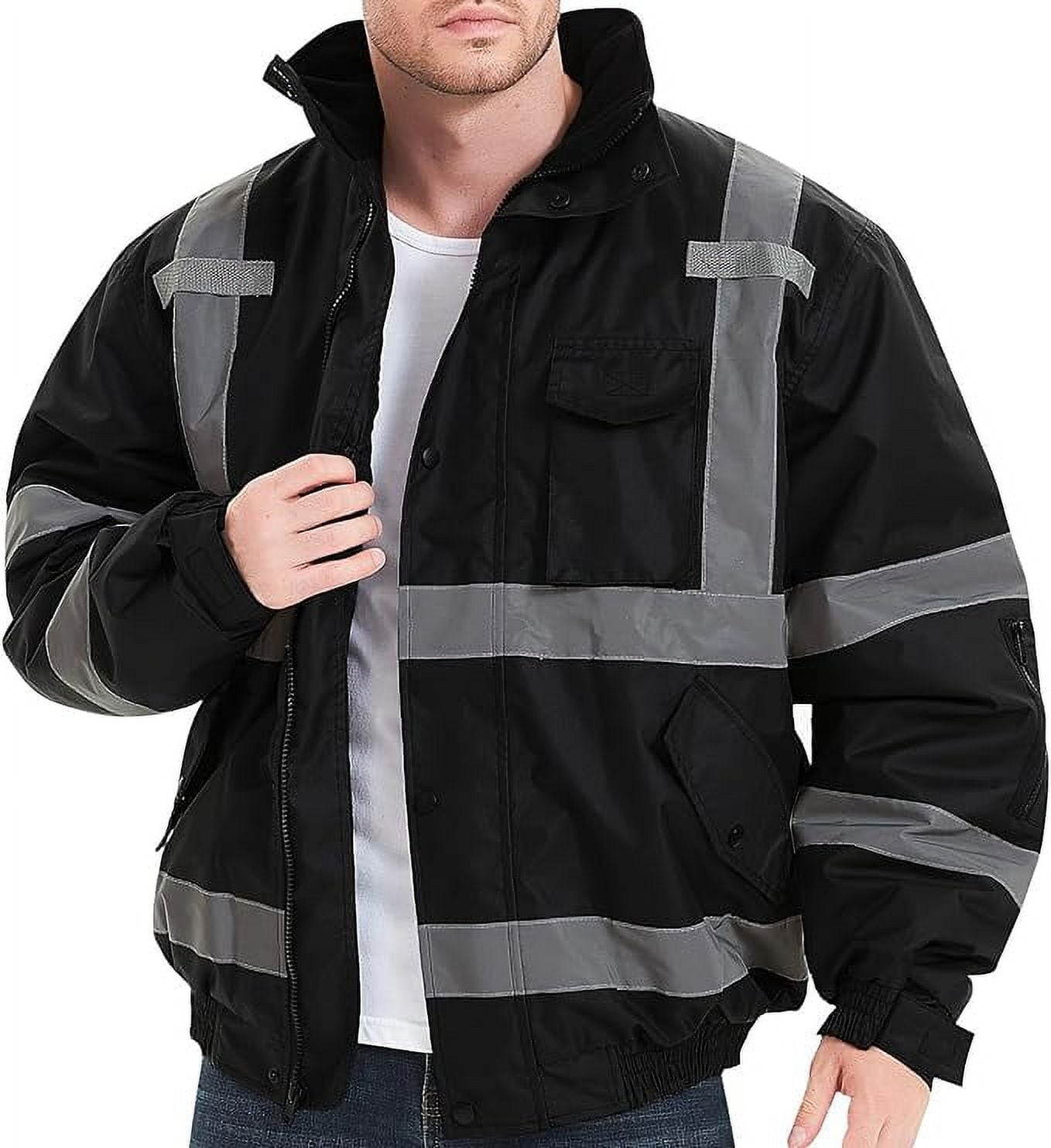 ProtectX High Visibility Safety Waterproof Bomber Jacket for Men, Hi Vis  Reflective Winter Construction Jacket, Black, Medium