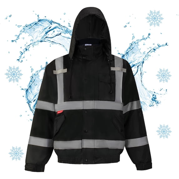 ProtectX High Visibility Safety Waterproof Bomber Jacket for Women Men, Hi Vis Reflective Winter Construction Jacket, Black, Medium