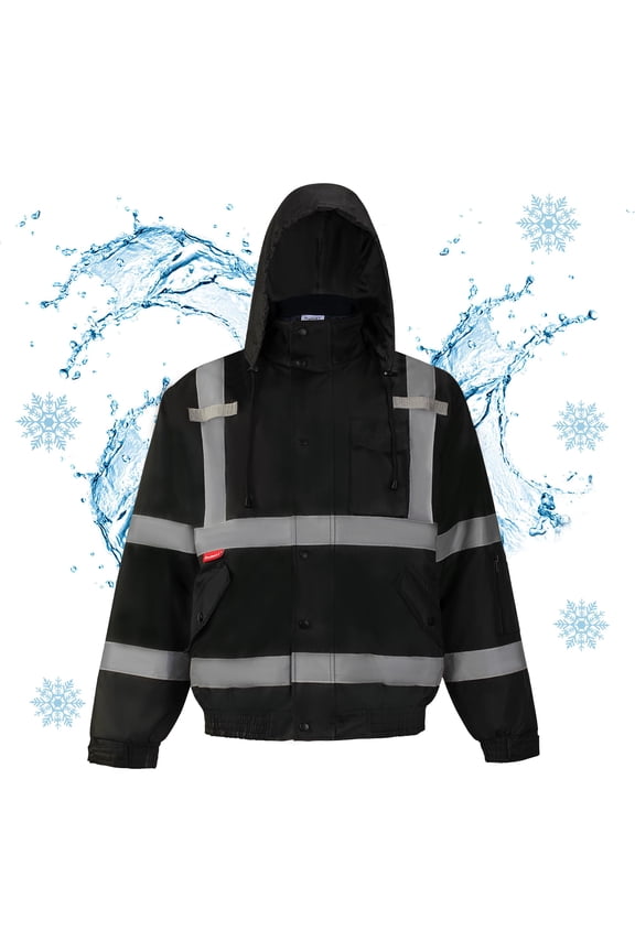 High Visibility Safety Waterproof Bomber Jacket for Women Men, Hi Vis Reflective Winter Construction Jacket, Black, X-Large