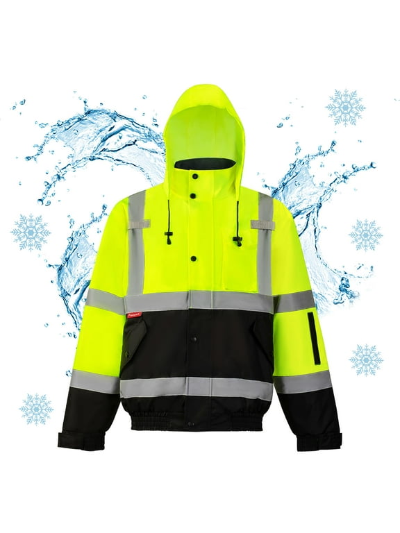 High Visibility Safety Waterproof Bomber Jacket for Women Men, Hi Vis Reflective Winter Construction Jacket, Class 3, Green, 4X-Large