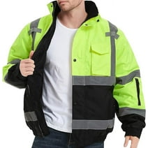 ProtectX High Visibility Safety Waterproof Bomber Jacket for Men, Hi Vis Reflective Winter Construction Jacket, Class 3, Green, Large