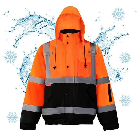 ProtectX High Visibility Safety Waterproof Bomber Jacket for Women Men, Hi Vis Reflective Winter Construction Jacket, Class 3, Orange, 4X-Large