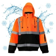 ProtectX High Visibility Safety Waterproof Bomber Jacket for Women Men, Hi Vis Reflective Winter Construction Jacket, Class 3, Orange, 4X-Large