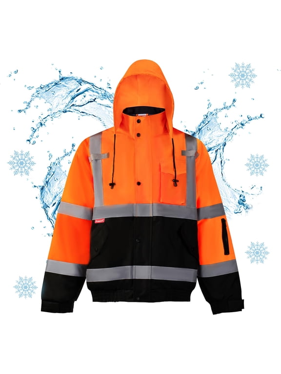 High Visibility Safety Waterproof Bomber Jacket for Women Men, Hi Vis Reflective Winter Construction Jacket, Class 3, Orange, 4X-Large