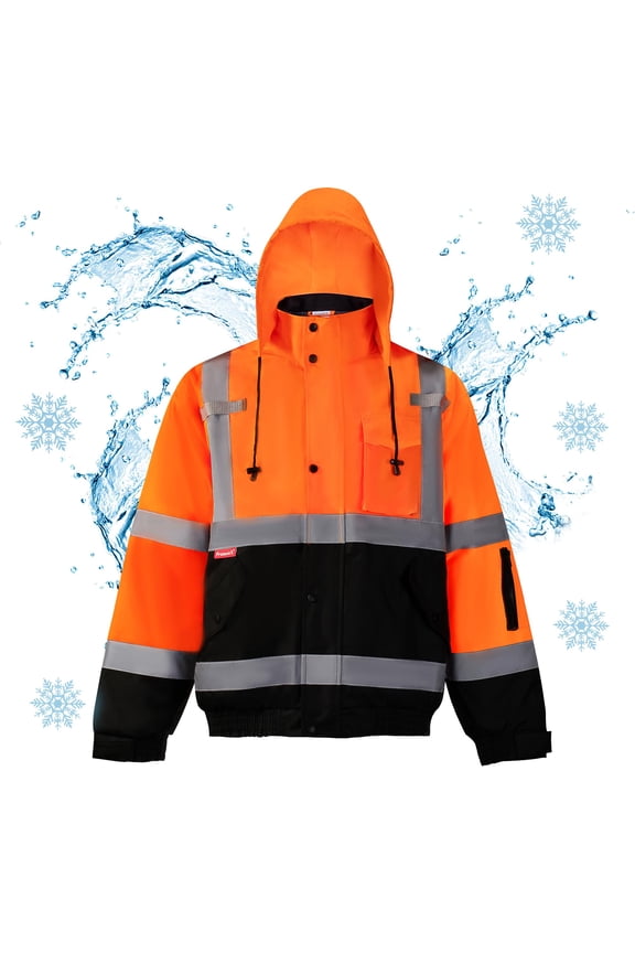 High Visibility Safety Waterproof Bomber Jacket for Women Men, Hi Vis Reflective Winter Construction Jacket, Class 3, Orange, Large