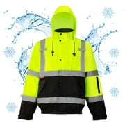ProtectX High Visibility Safety Waterproof Bomber Jacket for Women Men, Hi Vis Reflective Winter Construction Jacket, Class 3, Green, Large