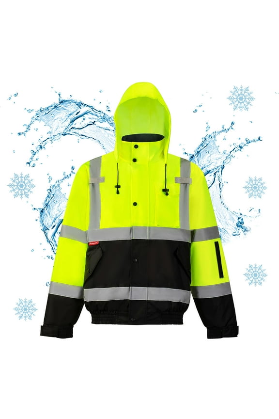High Visibility Safety Waterproof Bomber Jacket for Women Men, Hi Vis Reflective Winter Construction Jacket, Class 3, Green, Large