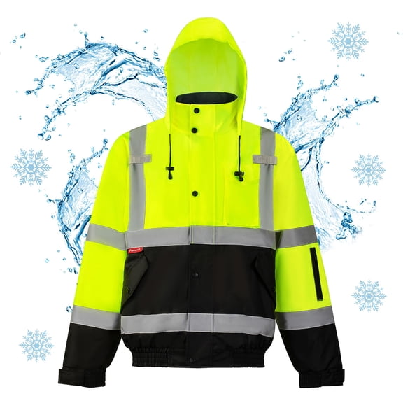 ProtectX High Visibility Safety Waterproof Bomber Jacket for Women Men, Hi Vis Reflective Winter Construction Jacket, Class 3, Green, Small