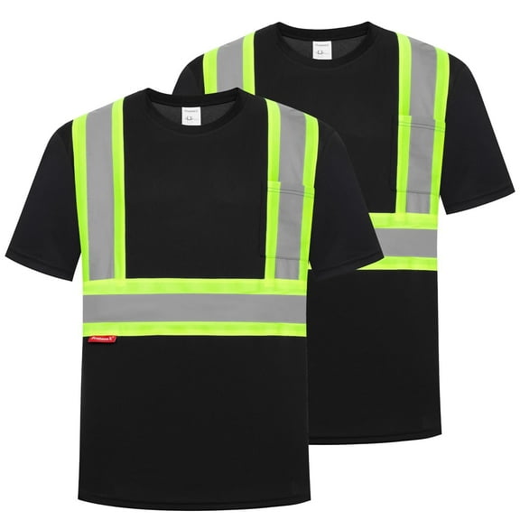 High Visibility Shirts for Men Women, Quick Dry Safety Short Sleeves T Shirts with Reflective Strips, Hi Vis Construction Work Shirt, Class 2 ,Black ,X-Large