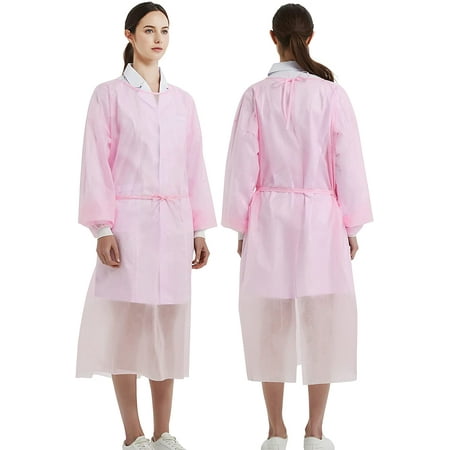 ProtectX (Pink 100 Pack) Disposable Breathable Polypropylene Isolation Gown with Elastic Knit Cuffs, Covered Back, Extra-Long Double Ties, Universal Size