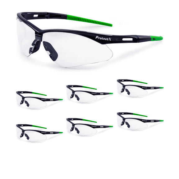 ProtectX Safety Glasses Scratch Resistant Anti Fog Polycarbonate Lenses with UV Protection Evergreen Clear Pack of 6