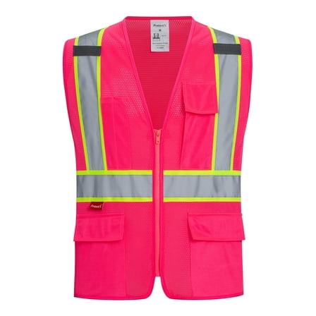 ProtectX Safety Vest for Men Women ANSI Class 2 High Visibility Mesh Reflective Construction Vest with 4 Pockets Pink Large