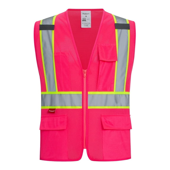 ProtectX Safety Vest for Men Women ANSI Class 2 High Visibility Mesh Reflective Construction Vest with 4 Pockets Pink Small