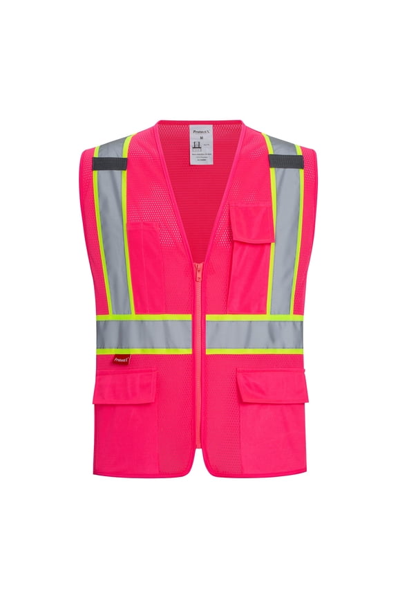 Safety Vest for Men Women ANSI Class 2 High Visibility Mesh Reflective Construction Vest with 4 Pockets Pink X-Large