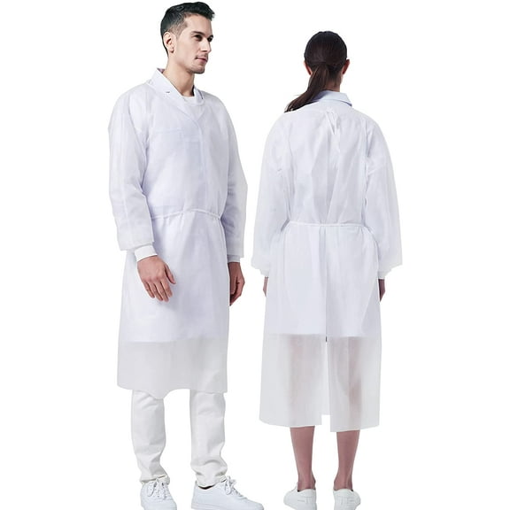 ProtectX (White 10 Pack) Disposable Breathable Polypropylene Isolation Gown with Elastic Knit Cuffs, Covered Back, Extra-Long Double Ties, Universal Size