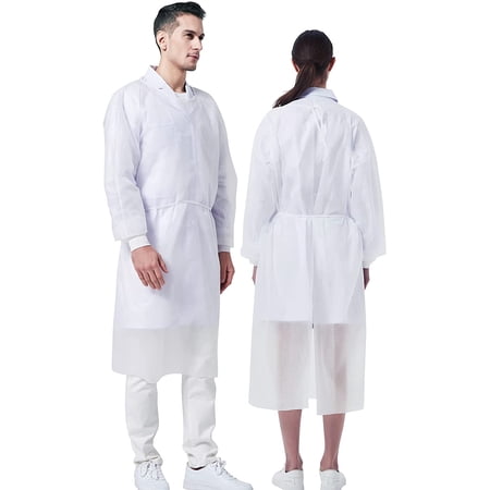 ProtectX (White 100 Pack) Disposable Breathable Polypropylene Isolation Gown with Elastic Knit Cuffs, Covered Back, Extra-Long Double Ties, Universal Size