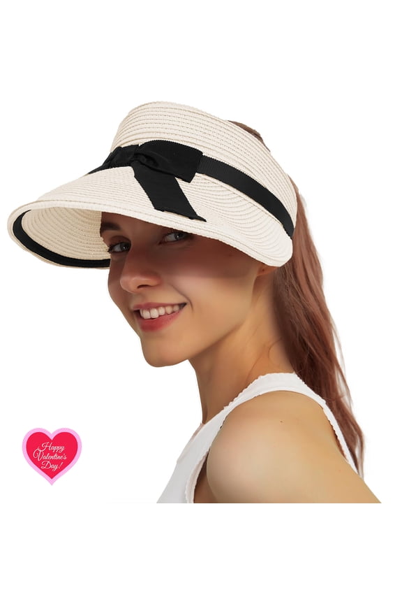 Women's Sun Visor Hats, Wide Brim Straw Beach Cap Ponytail Hat, Compact Rolled-Up Foldable Travel Summer Beach Hat with UV Protection, Cream