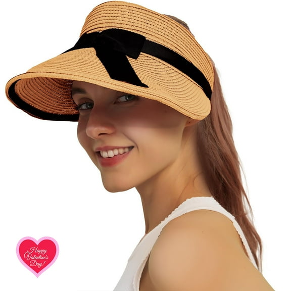 ProtectX Women's Sun Visor Hats, Wide Brim Straw Beach Cap Ponytail Hat, Compact Rolled-Up Foldable Travel Summer Beach Hat with UV Protection, Khaki