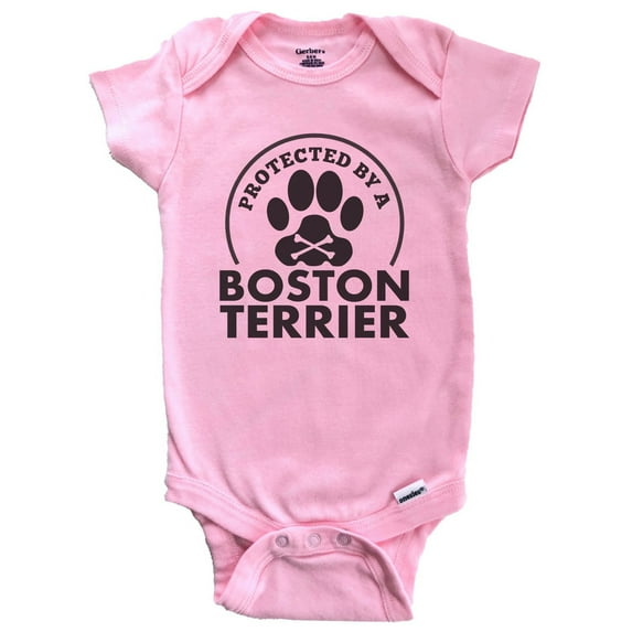 Protected By A Boston Terrier Funny Baby Bodysuit (Pink), 6-9 Months