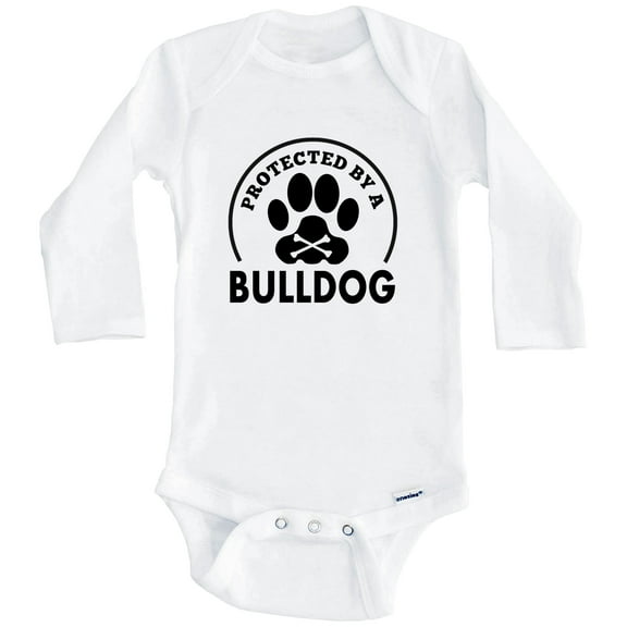 Protected By A Bulldog Funny One Piece Baby Bodysuit (Long Sleeve), 0-3 Months White