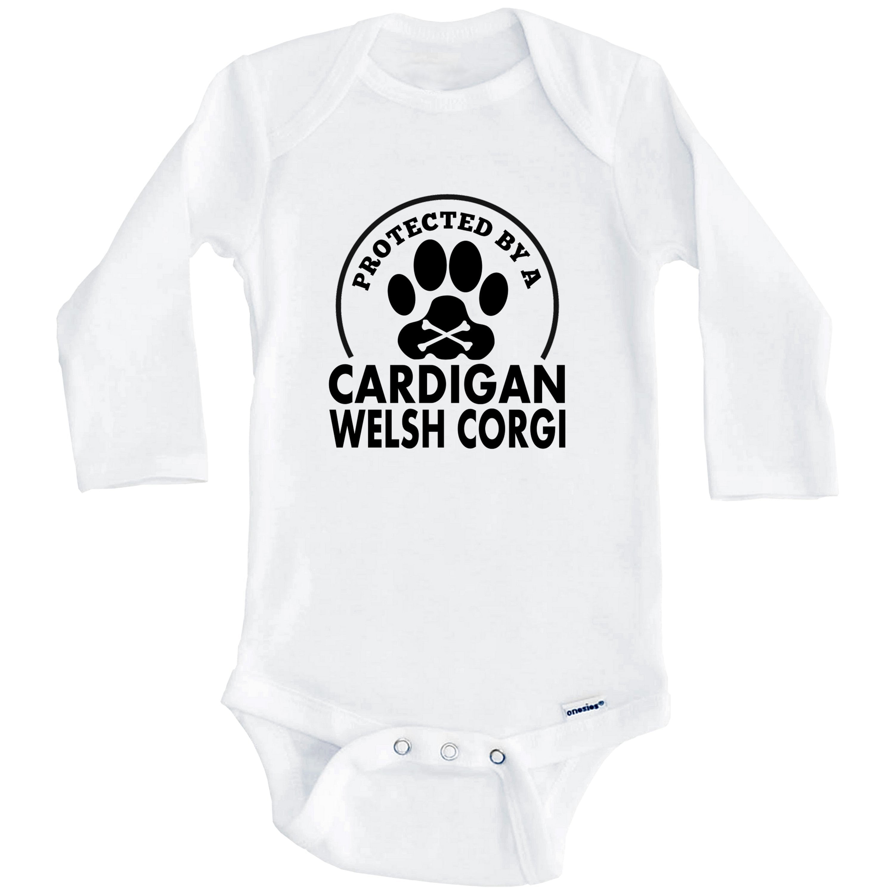 Protected By A Cardigan Welsh Corgi Funny One Piece Baby Bodysuit (Long Sleeve), 3-6 Months White