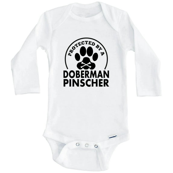 Protected By A Doberman Pinscher Funny One Piece Baby Bodysuit (Long Sleeve), 3-6 Months White